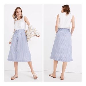 NWT Madewell Blue & White Paperbag Button-Front Midi Skirt In Stripe